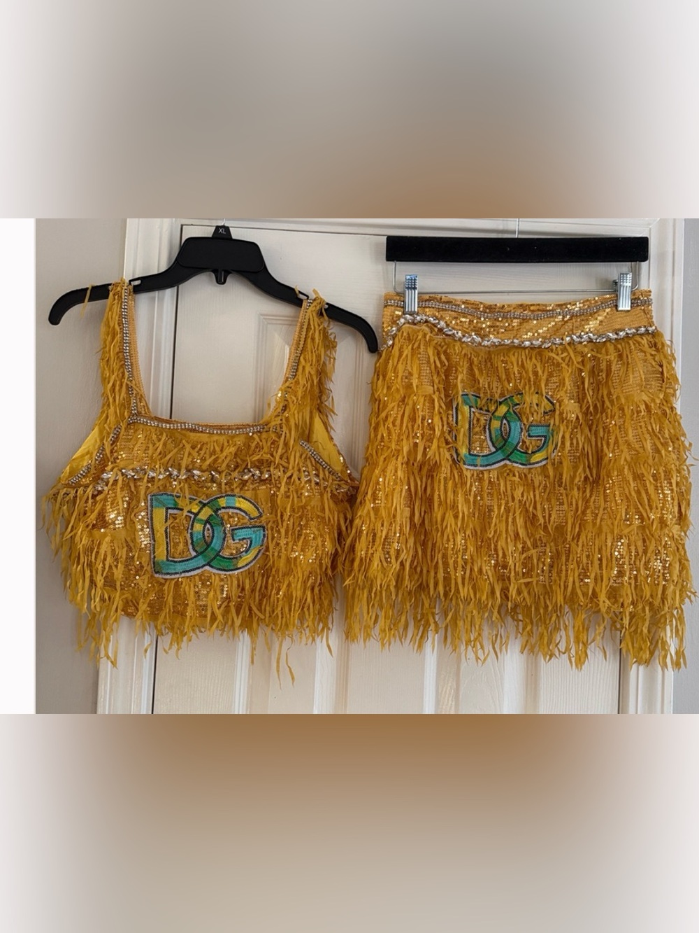 DG LOGO Goldstein Yellow Sequin Fringe Skirt & Top Set